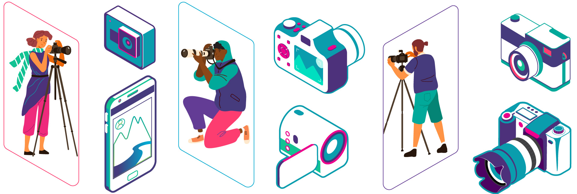 Collage of cameras and photographer illustrations